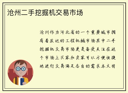 沧州二手挖掘机交易市场